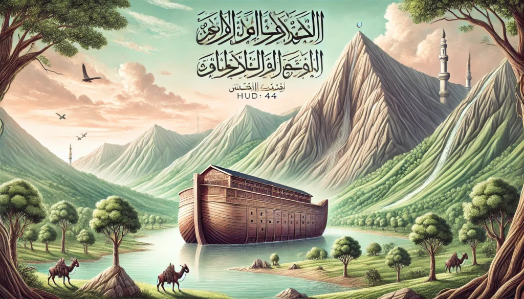 یہ تصویر آپ کی ویب سائٹ کے لیے تیار کی گئی ہے، جس میں حضرت نوح علیہ السلام کی کشتی جودی پہاڑ پر ٹھہری ہوئی دکھائی گئی ہے۔ اگر آپ کو کسی ترمیم یا تبدیلی کی ضرورت ہو تو بتائیں!