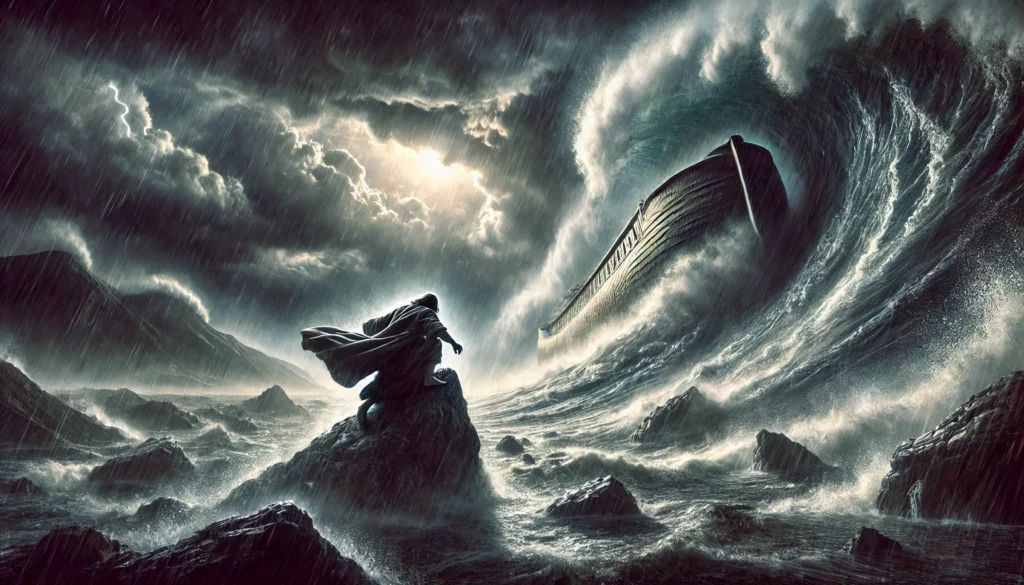 حضرت نوح علیہ السلام کے زمانے کے عظیم طوفان کو ظاہر کرتی ہے، جس میں کنعان طوفانی پانی میں پھنسے ہوئے ایک پہاڑ پر چڑھنے کی کوشش کر رہا ہے، جبکہ نوح کی کشتی دور محفوظ نظر آ رہی ہے۔ اس تصویر میں اسلامی اصولوں کا خیال رکھا گیا ہے، اور آپ کی ویب سائٹ "سوزش" کا لوگو بھی شامل کیا گیا ہے۔ امید ہے کہ یہ آپ کے مضمون کے لیے موزوں ہوگی