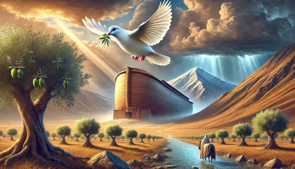 حضرت نوح علیہ السلام کی کشتی پہاڑ جودی پر ٹہری ہوئی، سفید کبوتر زیتون کی شاخ لیے، نئی زندگی کی خوشخبری دیتا ہوا، طوفان کے اختتام کا منظر