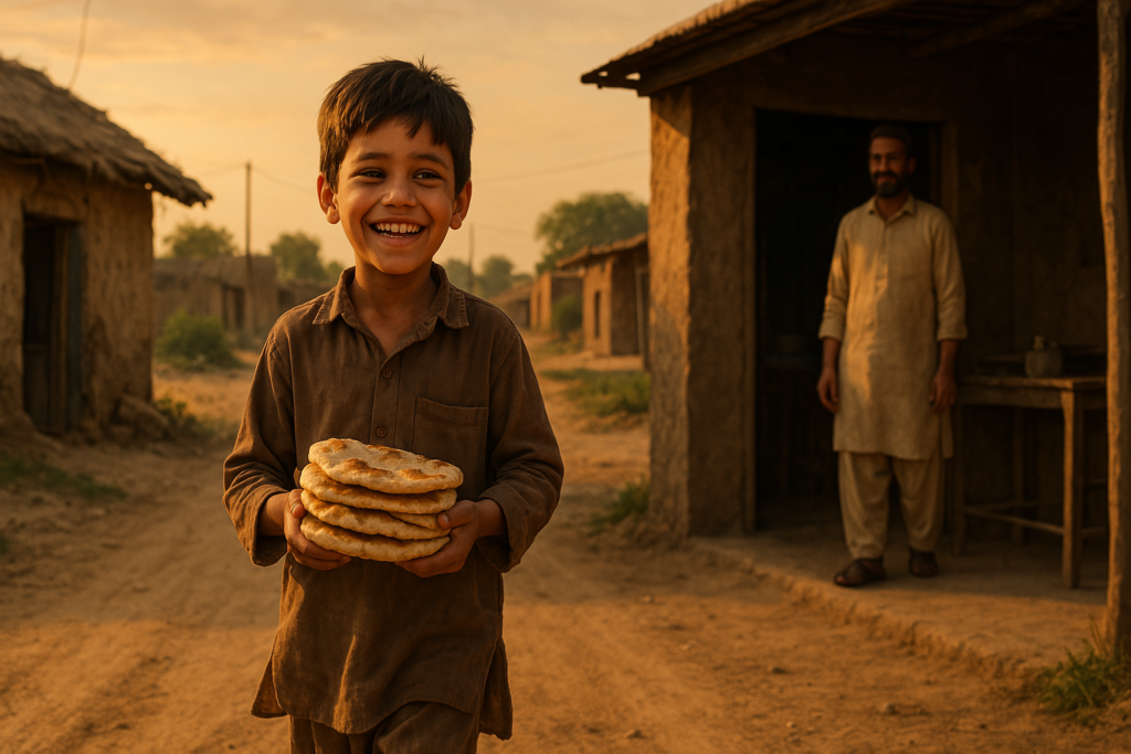ایک جنوبی ایشیائی گاؤں کے کچے راستے پر ایک ننھا لڑکا خوشی سے ہنستا ہوا گرم روٹیاں اٹھائے جا رہا ہے، پس منظر میں ایک چھپر نما ہوٹل اور اس کا مہربان مالک نظر آ رہا ہے۔