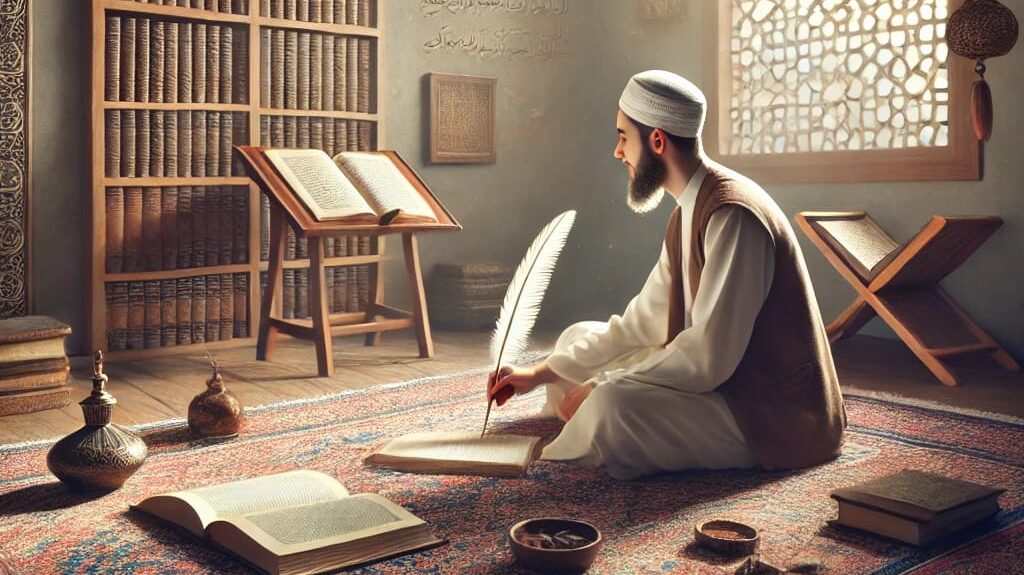 اسلامی ماحول میں ایک صاحبِ قلم اپنے مطالعے اور تحریر میں مصروف ہو، گرد و پیش میں علم و حکمت کا ماحول ہو، اور سکون و روحانیت کا احساس جھلکتا ہو۔